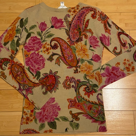 Talbots 100% Merino Wool Floral Paisley V-Neck Sweater Size Small - Picture 3 of 7